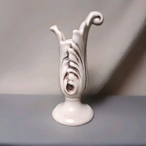 Vintage Red Wing Candle Holder #529 Ivory, Brown Ancanthus Leaf 6.25"